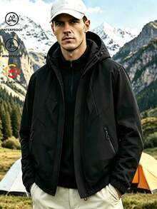 Men's Outdoor Zipper Drawstring Hooded Padded Coat, Casual Outdoor Winter Coat With Zipper Pockets, Men's Jacket - Black - View 3