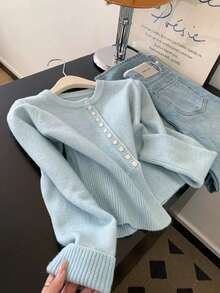 Women's Mint Green Knitted Wool Cardigan, Comfortable And Warm, Long Sleeve Ribbed Knit Top, Round Neck Button Front, Winter Essential Fall - Baby Blue - View 4