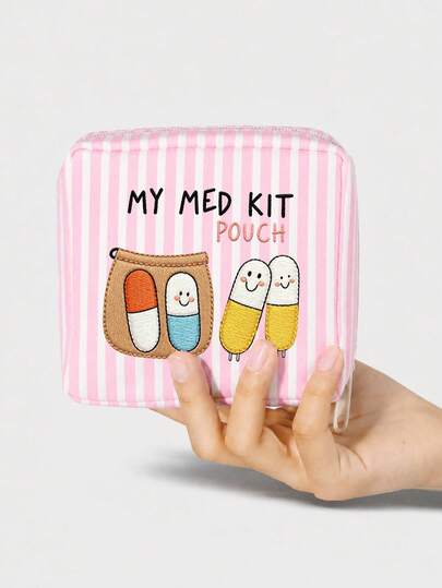 Nova Bolsa de Armazenamento de Medicamentos Portátil com Estampa Plana 2D "Medicine"/Caixa de Pílulas/Kit de Primeiros Socorros/Bolsa de Cosméticos, Design Listrado Rosa e Branco, Adequada para Uso Diário, Atividades ao Ar Livre e Viagens; Solução Conveniente de Armazenamento de Medicamentos, Pode Organizar Medicamentos, Cosméticos, Telefones e Outros Itens Pequenos; Essencial de Viagem, Adequada como Presente de Natal, Bolsa de Presente Personalizada, Pequeno Presente de Troca ou Decoração Doméstica.