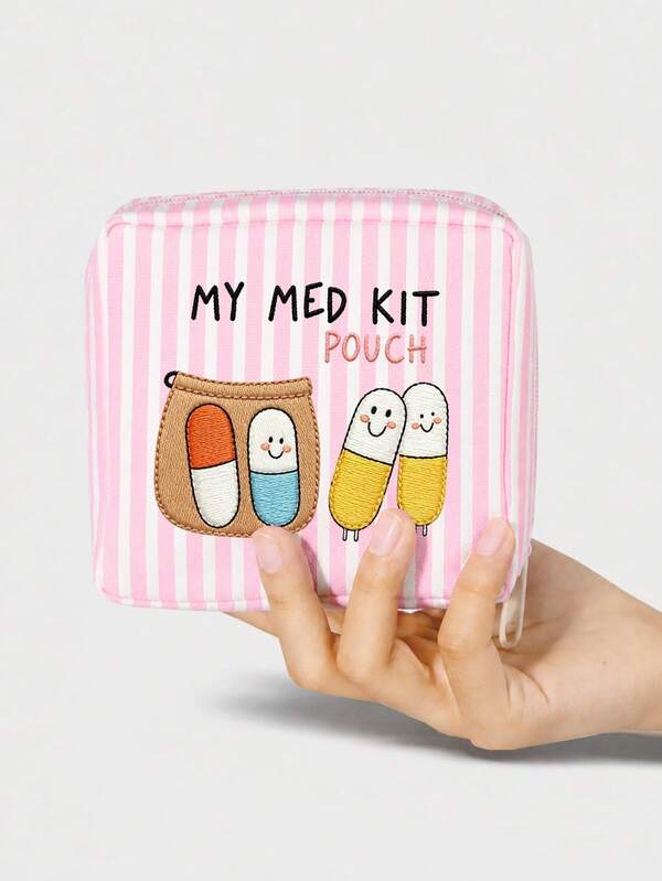 Neue tragbare Medikamentenaufbewahrungstasche/Pillendose/Erste-Hilfe-Set/Kosmetiktasche mit 2D-Flachdruck "Medizin"-Muster, rosa-weiß gestreiftes Design, geeignet für den täglichen Gebrauch, Outdoor-Aktivitäten und Reisen; praktische Medikamentenaufbewahrungslösung, kann Medikamente, Kosmetik, Handys und andere kleine Gegenstände organisieren; Reiseessentiell, geeignet als Weihnachtsgeschenk, personalisierte Geschenktasche, kleines Austauschgeschenk oder Heimdekoration.