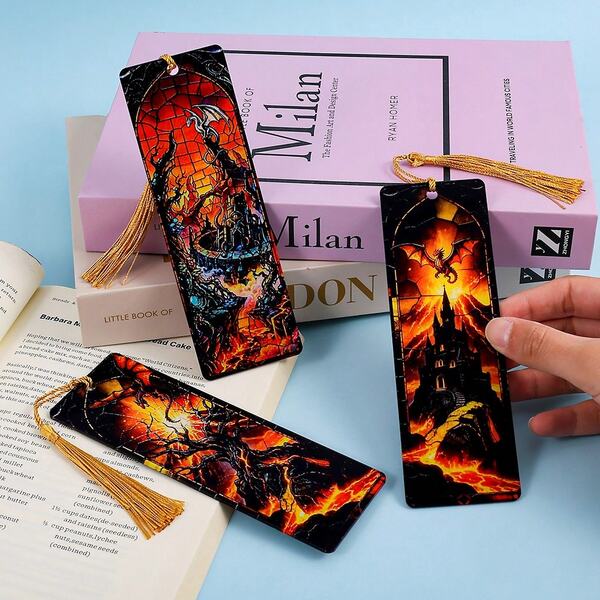 Vintage Color Glass Art Acrylic Bookmark, Evil Dragon Lava Mountain Pattern Book Accessory For Readers
