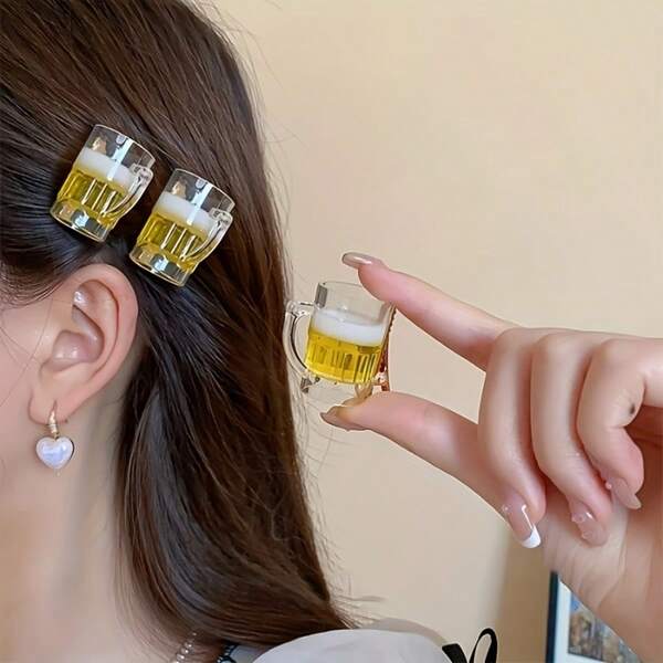 3 Peças Presilha de Cabelo Criativa em Formato de Copo de Cerveja, Material Acrílico Durável, Acessórios de Cabelo Divertidos para Mulheres, Adequado para Volta às Aulas - Férias na Praia - Lazer Diário - Celebração de Festival.