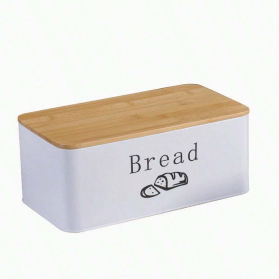 Bread Storage Box Metal Bamboo Lid, Large Kitchen Bread Bin Container, Keeps Bread Fresh Organised Countertop For Loaf Cakes Pastries Food Storage - White - View 1