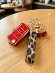 Suitable For Key Cover And Keychain, Car Key Holder Sprinter, Polo, Lavida, Golf, Smart Remote Key Protective Shell, Soft Shell Protects Your Car Key From Scratches, Car Key Decoration Cherry Pendant Leopard Print Pattern, Fashionable Key Matching - Leopard Print Cherry Wristband - View 1