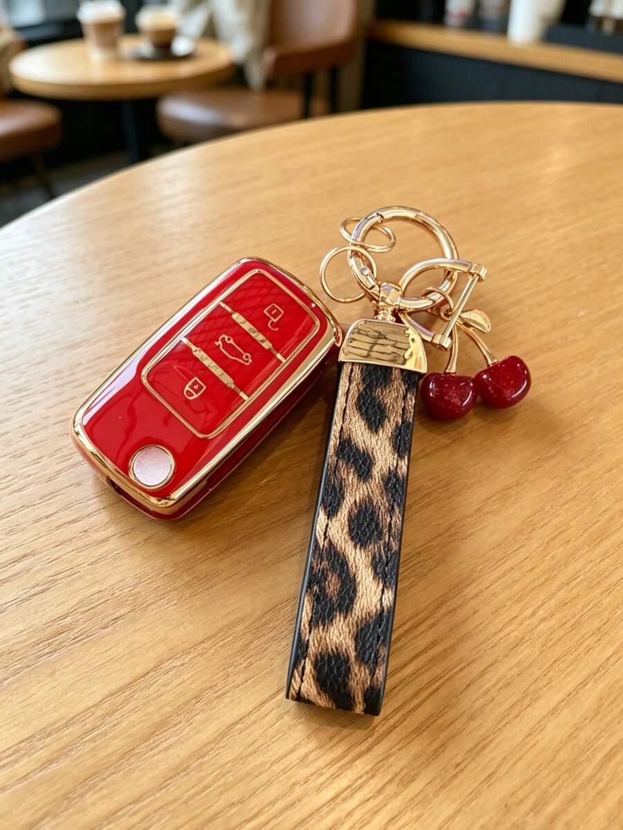 Suitable For Key Cover And Keychain, Car Key Holder Sprinter, Polo, Lavida, Golf, Smart Remote Key Protective Shell, Soft Shell Protects Your Car Key From Scratches, Car Key Decoration Cherry Pendant Leopard Print Pattern, Fashionable Key Matching - Leopard Print Cherry Wristband - View 1