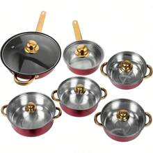 Stainless Steel Cookware Set With Nonstick Surface And Gold Handles Kitchen Pots And Pans For Frying Baking And Cooking Vibrant Wine Red Color Compatible With Multiple Heat Sources - View 2