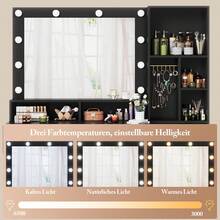 Devoko Modern Vanity Table With Mirror, LED Lighting With 3 Color Modes, 5 Drawers, Open Shelves, Jewelry Hooks And Integrated Power Outlet, Dressing Table For Bedroom, Black - View 9