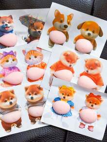 3D Cute Shiba Inu Dog Belly Sticker, Adorable Puppy Orange Set, Soft Pink Background, Silicone Self-Adhesive Party Sticker - Multicolor - View 2