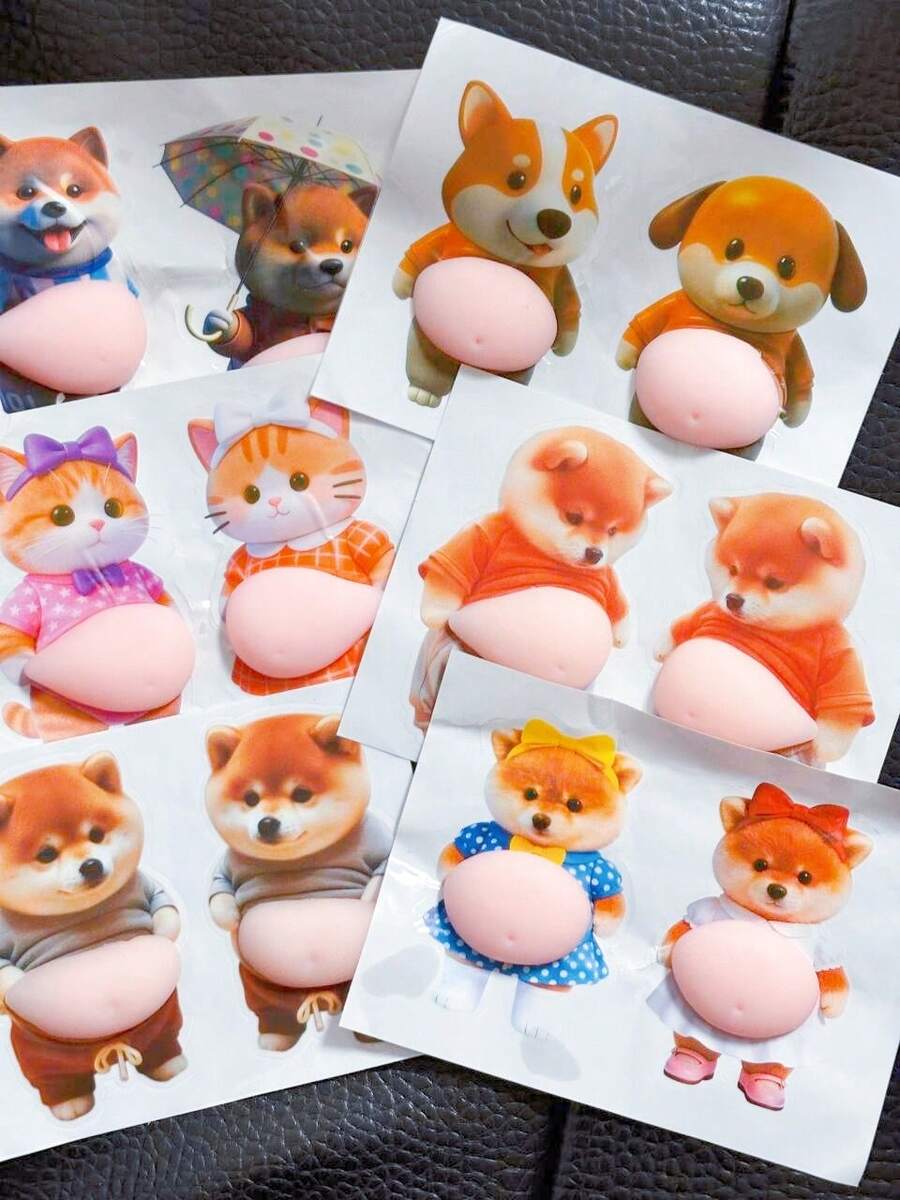 3D Cute Shiba Inu Dog Belly Sticker, Adorable Puppy Orange Set, Soft Pink Background, Silicone Self-Adhesive Party Sticker