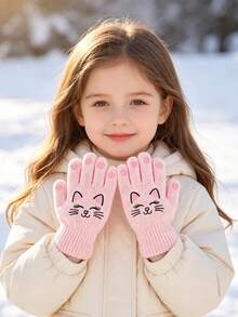 2 Pairs Kids Cute Cartoon Cat Print Knitted Full Finger Gloves, Soft Warm Winter Gloves, Elastic Ribbed Cuff Hand Protection, Suitable For Girls Outdoor Daily Wear - 2Pairs - View 10