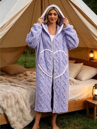Women Hooded Zip Up Fleece Bathrobe, Soft Warm Plush Housecoat Loungewear, Multi-Purpose Wearable Blanket For Bedroom Rest & Camping Outdoor Leisure