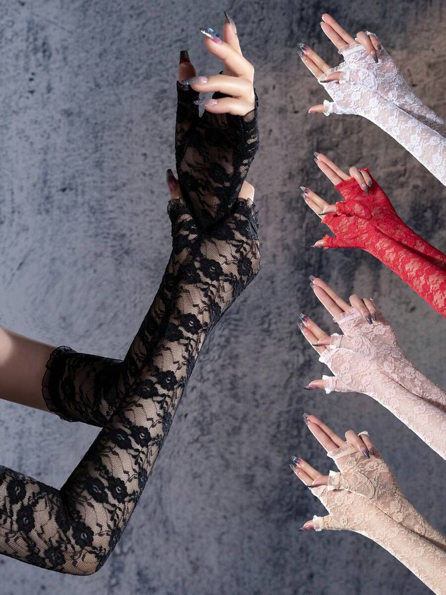 1 Pair New Women's Floral Lace Arm Sleeves, Sheer Lace Patchwork, Suitable For Wedding And Evening Party - Multicolor - View 1