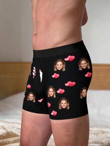 1pc Customized Cartoon Portrait Men's Black Briefs, Romantic Elements, Breathable Comfort, Personalized Style Boxer Briefs, Suitable For Daily Wear Or Valentine's Day, An Excellent Gift For Boyfriend - Multicolor - View 2