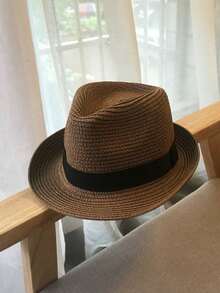 1件女款波希米亞風聚酯纖維時尚戶外新款寬邊個性化防曬透氣純色草帽，適合日常戶外使用 - MZ1437 - 查看 11