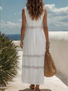 Sommer elegantes romantisches Vintage literarisches süßes Boho Damen ärmelloses langes Kleid mit Spitzen-Patchwork und Rundhalsausschnitt, lässiges Kleid für Pendeln, Urlaub, Feiertage, Partys und Ausflüge, Spitzen-Patchwork-Design, Hochzeitsfeier, Strandparty, romantisches Damen-Spitzen-Hohlkleid, weißes Kleid, lässige Kleider für Frauen, Leinenkleid, Sommerkleid - Weiss - Übersicht 4