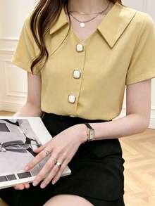 Fashionable Long Sleeve Design Satin Shirt, Solid Color Polyester, Front Button Closure Summer - Apricot - View 3