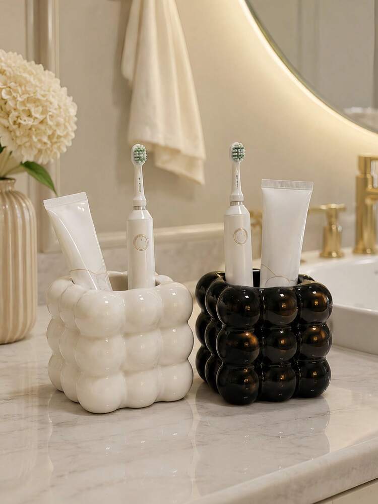 Cream Style Bathroom Storage Cup Bubble Pattern Design Toothbrush Holder, Black & White Toothpaste Cup Rack, Vanity Toiletries Organizer Box, Electric Toothbrush Storage Tube, Minimalist Premium Home Decor, Back To School Gift, Holiday Gift, Gift For Female Friends, Large Capacity, Vacation - Multicolor - View 7