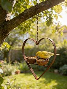 1pc Metal Rusted Heart-Shaped Double Bowl Bird Feeder, Suitable For Outdoor Yard And Tree Decoration - Love - View 6