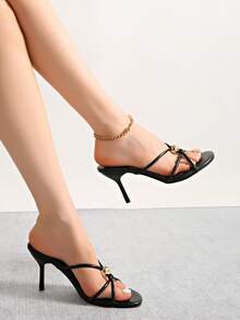 Summer Metal Decor Strap High Heel Sandals, Minimalist Resort Style Thin Heel Mule Shoes,Kitten Heels - Black - View 8