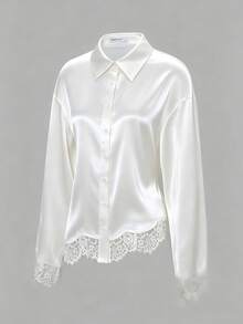 Women's Spring/Autumn Glossy Satin Lace Trim Turn-Down Collar Button-Up Flared Sleeve Asymmetrical Hem Cinched Waist Long Sleeve Blouse - White - View 10