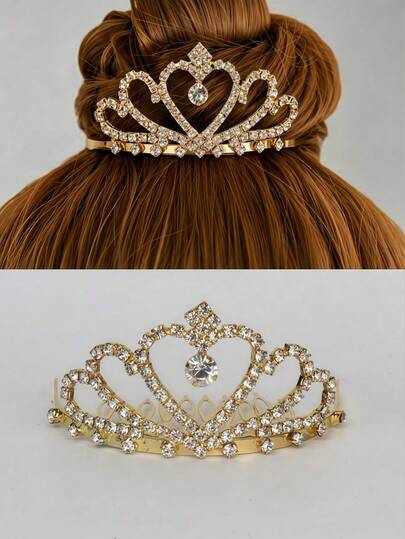 Golden Alloy Rhinestone Heart Insert Comb Crown Bride Dress Versatile Hair Accessory