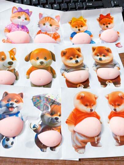Pegatinas 3D de Gato & Perro Lindo para la Barriga, Calcomanías de Silicona Suave Apretables para Alivio del Estrés, Pegatinas DIY para Funda de Teléfono & Anti-Colisión para Coche
