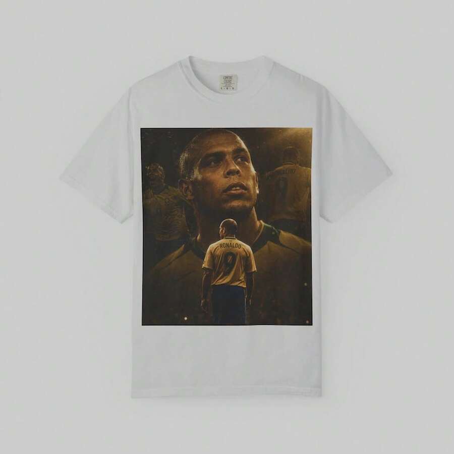 Camiseta unisex R9 Ronaldo Nazário, teñida en pieza | Camiseta de la leyenda del fútbol brasileño | Camiseta gráfica vintage | Regalo para fanáticos del fútbol - Blanco - Ver 1