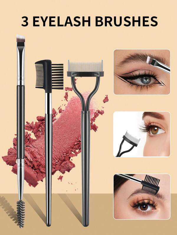 ronshadow 3pcs Professional Eyebrow Makeup Brush Set, Dual-Ended Brow Powder Brush, Double-Sided Brow Comb, Steel Needle Eyelash Comb, Fine Lining Wild Brows And Eyelash Shaping Makeup Tool