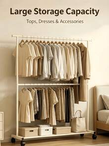 2-Tier/1 Tier Rolling Clothes Rack With Wheels, Large Capacity Double Rod Clothing Rack On Casters,Heavy Duty Metal Garment Rack With Bottom Storage Shelf, Freestanding Clothing Organizer For Bedroom Laundry Room,Easy Assembly - Multicolor - View 2
