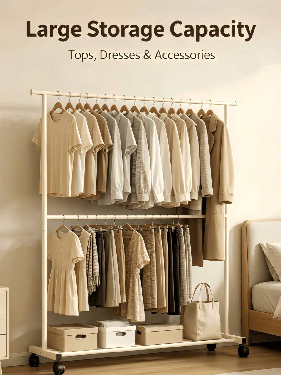 2-Tier/1 Tier Rolling Clothes Rack With Wheels, Large Capacity Double Rod Clothing Rack On Casters,Heavy Duty Metal Garment Rack With Bottom Storage Shelf, Freestanding Clothing Organizer For Bedroom Laundry Room,Easy Assembly