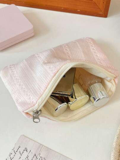 Simple Solid Color Striped Cosmetic Bag, Lightweight Travel Toiletries Organizer With Zipper, A Must-Have For Daily Use, School, And Vacations.