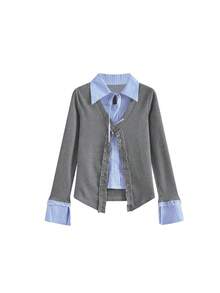 Korean Style Schoolgirl Striped Patchwork Versatile Slimming Ruffle Trim 2 In 1 Shirt Blouse - Picture Color - View 5