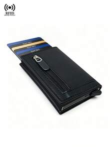 RFID Blocking PU Leather Men's Wallet Pop Up Card Holder Slim Trifold Smart Wallet With Zipper Coin Pocket Magnetic Closure Credit Card Case - Black - View 8