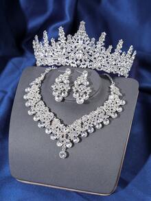 Sparkling Silver Bridal Set, Exquisite High-Style Diamond Tiara, Includes Luxurious Necklace And Pendant Earrings, Designed For Grand Wedding Day - Silver - View 3