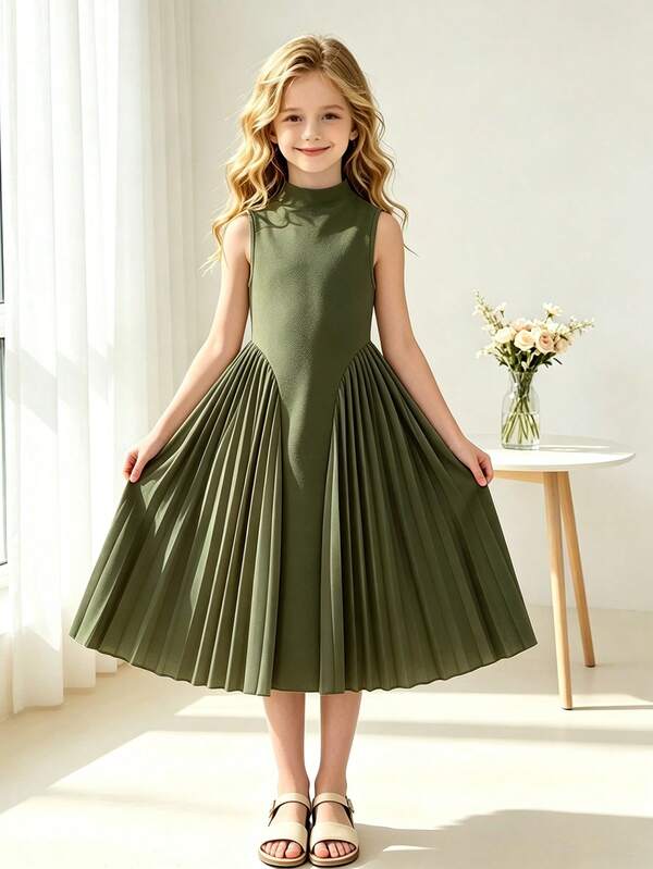 Left Mama Girls' Elegant Mandarin Collar Sleeveless Pleated Dress, Summer