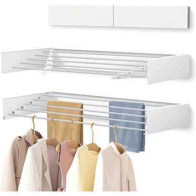 Laundry Drying Rack Collapsible, Wall Mounted, Clothes Drying Rack, 31.5" Wide, 15.7" Linear Ft, 5 Aluminum Rods, 45 Lb Capacity, With Wall Template