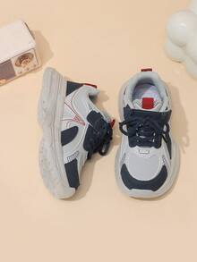 Sepatu Sneakers Chunky Anak-Anak Warna Abu-abu Muda, Biru Tua, dan Merah dengan Desain Blok Warna dan Perekat, Sepatu Anak-Anak Minimalis Cocok untuk Perjalanan Sepanjang Musim dan Pemakaian Sehari-hari - Navy Blue - View 5