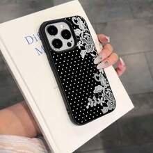 1pc TPU Material Cool Black Background Polka Dot White Lace Pattern Phone Case Compatible With IPhone 17 Pro Max/17/16 Pro Max/15/13/12/11/ S20 FE/A15/S24/A55/ Note 11/Note 12/Note 13 Pro Full Coverage Anti-Drop Soft Shell Phone Protective Cover - Black - View 3