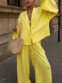 Marisole Women's Long Sleeve Front Buttoned Tie Top With Elastic Waist Straight Pants Two Pieces Set Drop Shoulder ,Elegant,Spring Summer Autumn Yellow - Yellow - View 1