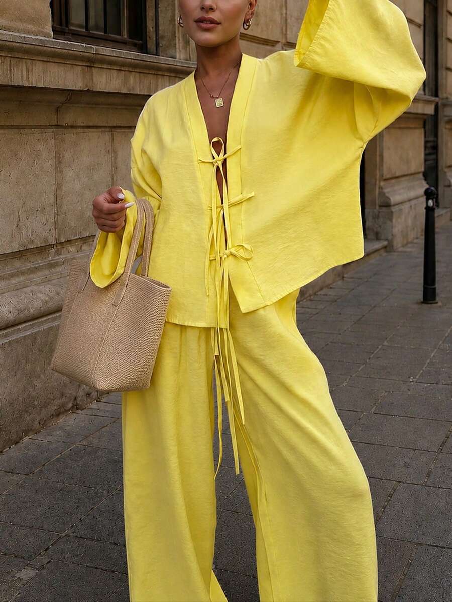 Marisole Women's Long Sleeve Front Buttoned Tie Top With Elastic Waist Straight Pants Two Pieces Set Drop Shoulder ,Elegant,Spring Summer Autumn Yellow - Yellow - View 1