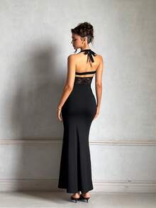 Women's Summer Black Halter Neck Backless Lace Party Dress, Elegant Dress For Gatherings And Dates - Black - View 7