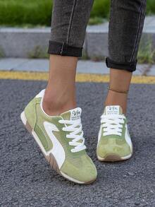 Flipark Retro Patchwork Mesh Suede Sneakers For Women, Breathable Lace Up Low Top Casual Walking Trainers - Green - View 6