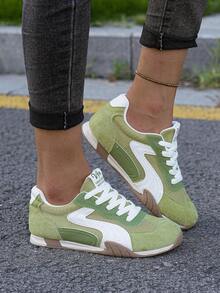 Flipark Retro Patchwork Mesh Suede Sneakers For Women, Breathable Lace Up Low Top Casual Walking Trainers - Green - View 4