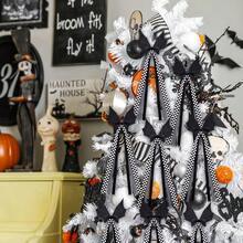 6/12pcs Gothic Halloween Sequin Bat Bows With Black & White Plaid Long Ribbon, Spooky Bat Wing Tassel Hanging Decor, Halloween Party Home Decoration, Suitable For Christmas Tree, Wreath, Garland, Window, Door, Wall Decor, Halloween Cosplay Hair Accessory - Multicolor - View 2