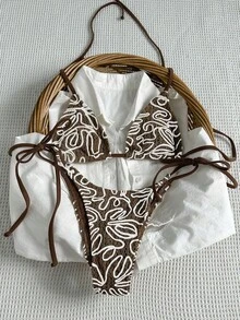 Women's Summer Fashion Asymmetrical Striped Triangle Tie Bikini Set For Vacation - Coffee Brown - View 2
