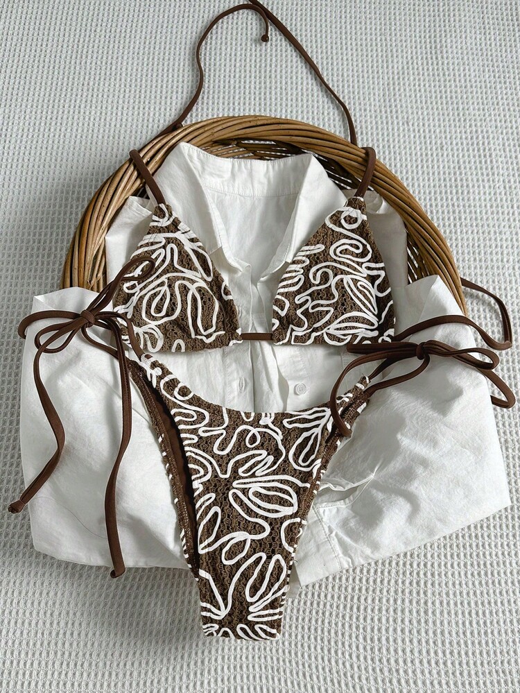 Women's Summer Fashion Asymmetrical Striped Triangle Tie Bikini Set For Vacation - Coffee Brown - View 2
