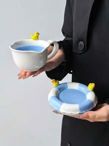 1 Set Summer Pool Duck Ceramic Coffee Cup & Saucer, Ins Style Blue & White Colorblock Embossed Little Yellow Duck Mug, Paired With Blue & White Swim Ring Plate, Personalized Creative, Cute, Gift, Commercial, Artwork - Multicolor - View 7