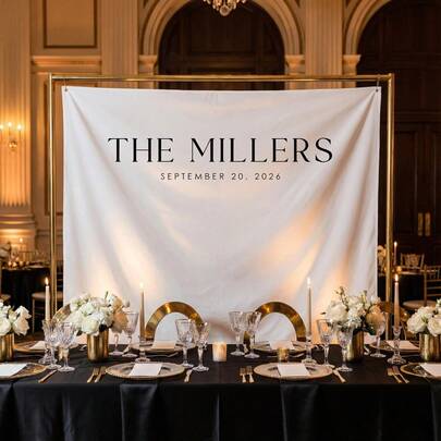 Custom Family Name Wedding Date Classic Wedding Reception Dinner Table Backdrop…