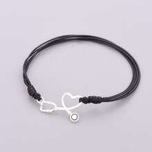 1 chiếc vòng tay dây sáp điều chỉnh được nhiều lớp màu đỏ & đen, mặt dây chuyền hình ống nghe tim bằng bạc Sterling S925, phụ kiện dây đeo tay bạc tối giản dạng rút cho nhân viên y tế - Bạc - Xem 3