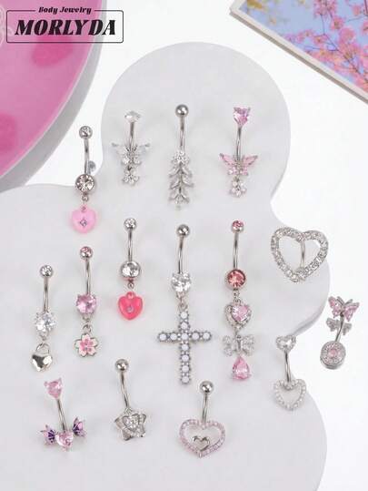 Morlyda 5pcs/Set Cute Sweet Butterfly Navel Rings Stainless Steel Heart-Shaped Belly Studs Silver Pendant Long Navel Piercing External Thread Zirconia Women's Navel Rings Pink Tone Cross, Star, Moon, Flower, Leaf Navel Studs Party Beach Music Festival Navel Rings Navel Jewelry Daily Piercing Accessories Piercing Jewelry Set Halloween Christmas Gift